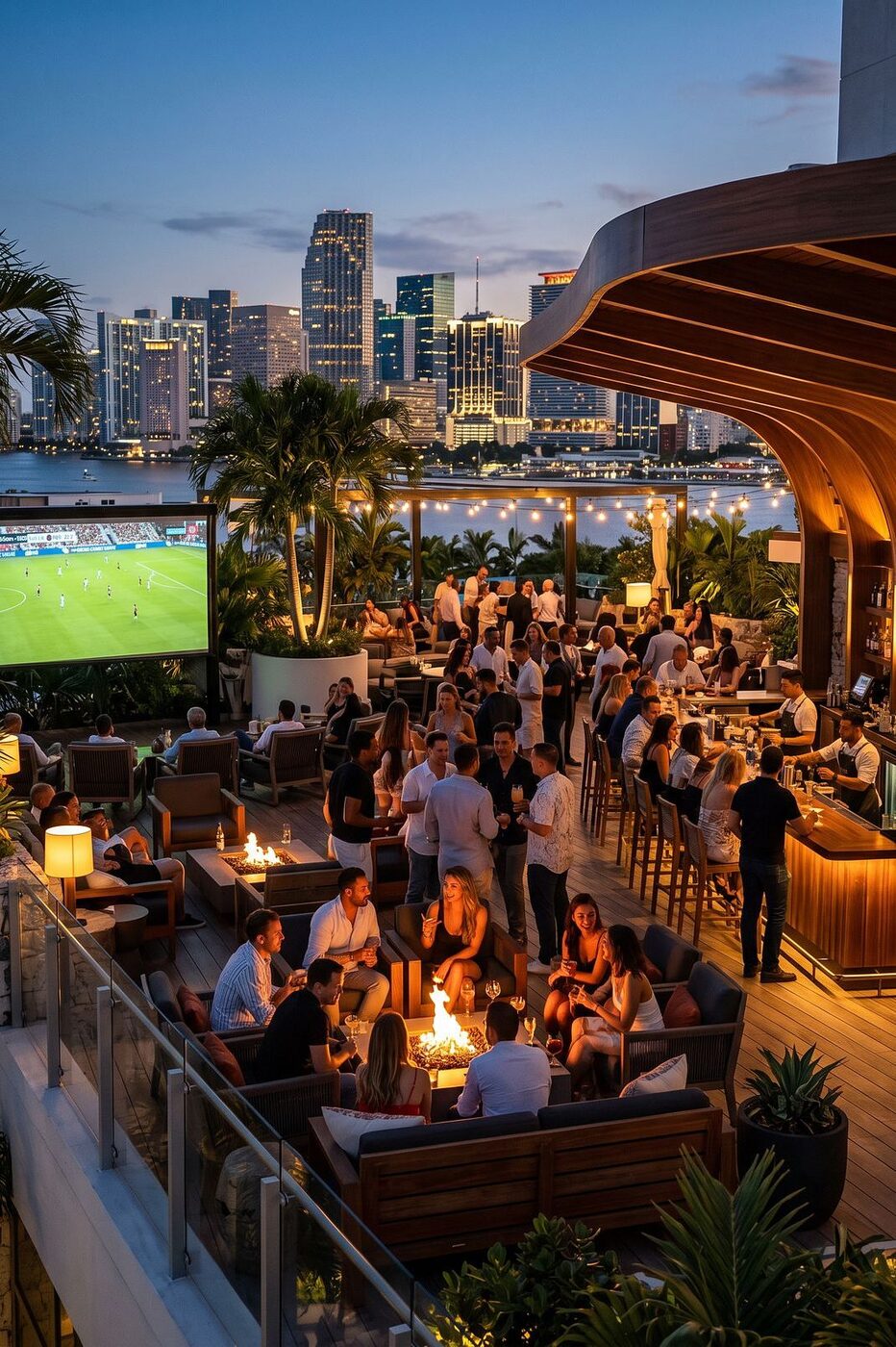 Firepits, palms, the skyline behind you. This is where the night ends.