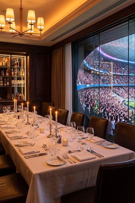 A long table for twelve, and the bowl through the glass. Book the room.