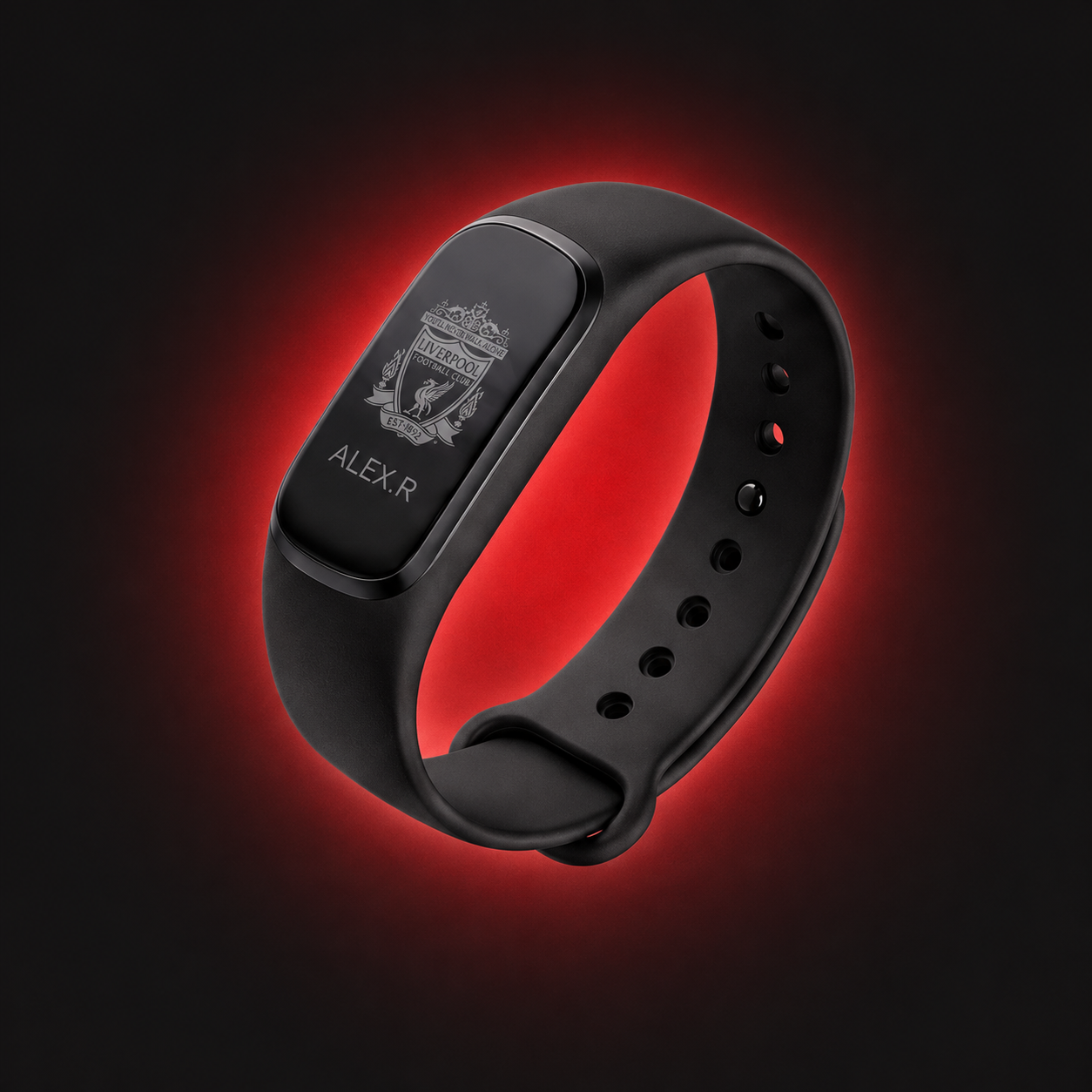 KOPX member bracelet — black NFC wristband with engraved name and club crest