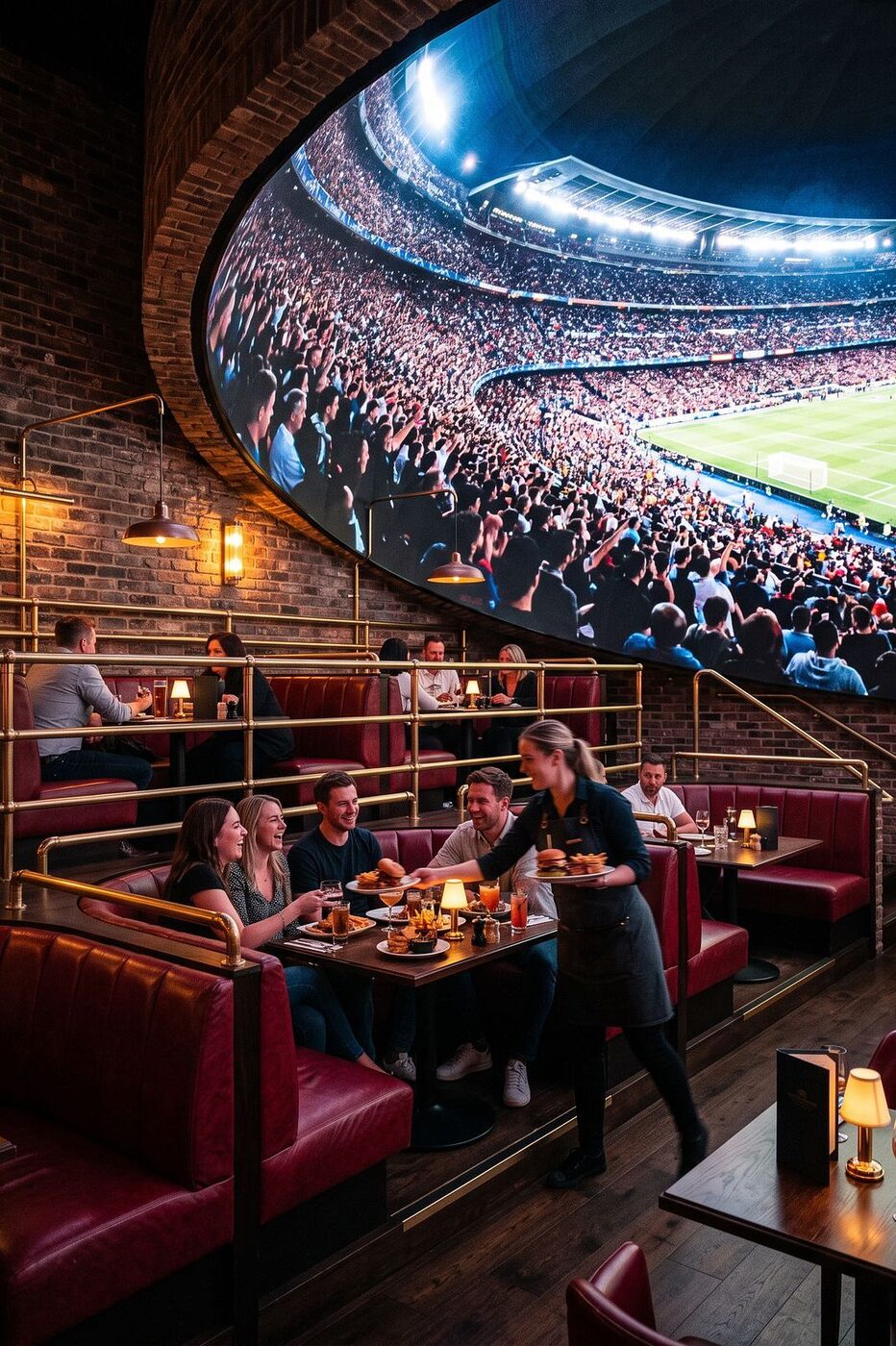 Nine hundred seats in booths of four and six. Food comes to you.