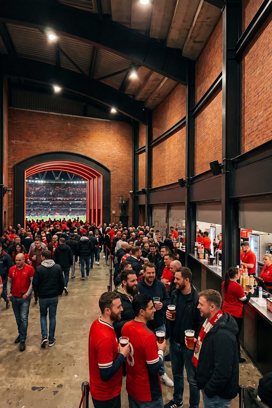 Brick, steel, and a queue moving fast. Pints in hand, bowl entrance glowing.